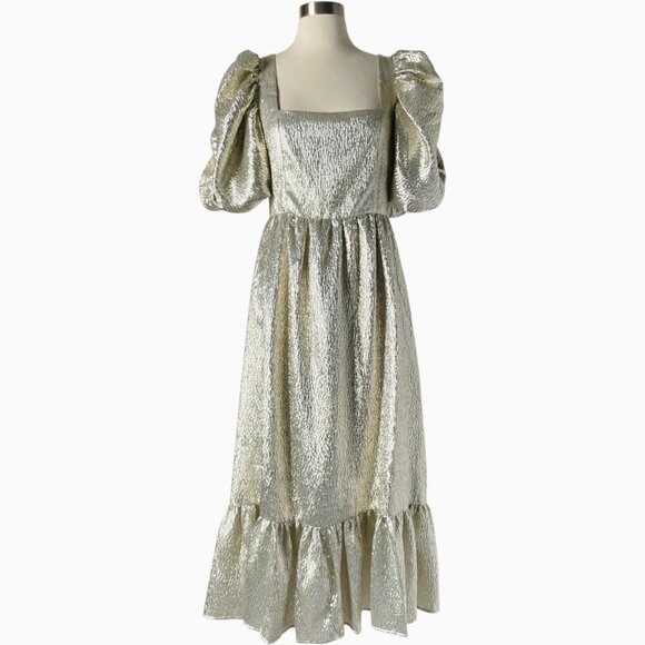 Loeffler Randall Elisa Puff Sleeve Gold Midi Evening Dress Size 4 - Picture 10 of 10